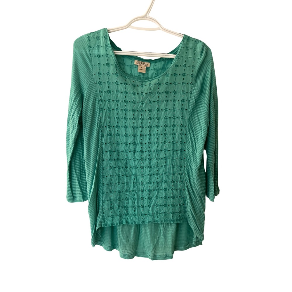 Lucky Brand Teal Green Eyelet Embroidered High Low 3/4 Sleeve Top Womens Medium